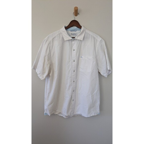 Tommy Bahama Nova Wave Button Up Shirt Large Seersucker Camp White Resort Wear - Picture 1 of 12